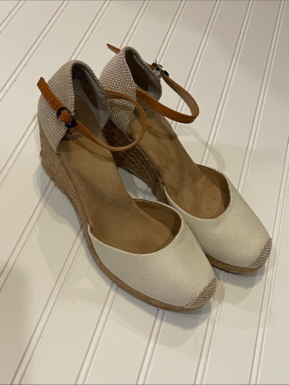 White Mountain Cream Canvas Wedge Espadrilles with Tan Ankle Strap
